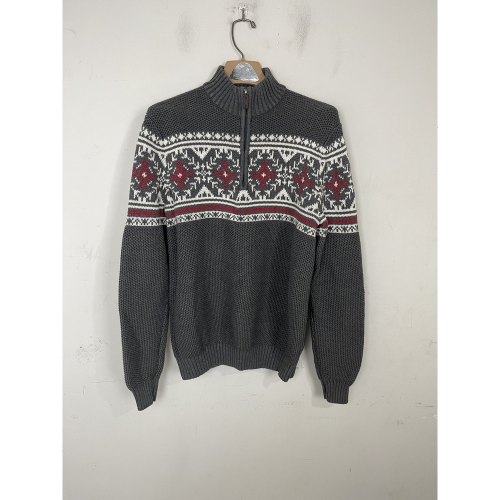 IZOD Mens Sweater Large Fair Isle 1/4 Zip Pullover Chunky Grey Holiday Christmas